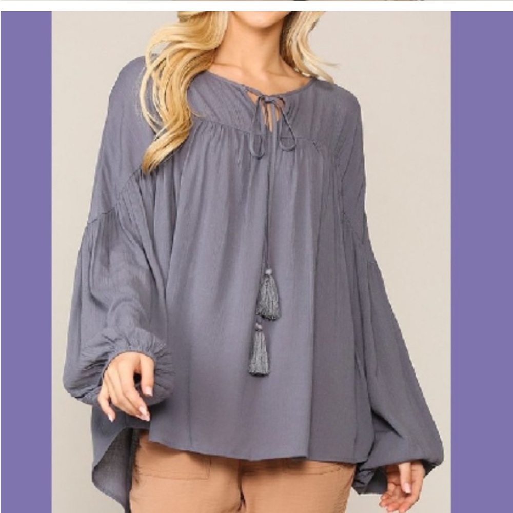 New GIGIO Size M L Gray Textured Balloon Sleeve Tunic Top Front Tassel Oversized